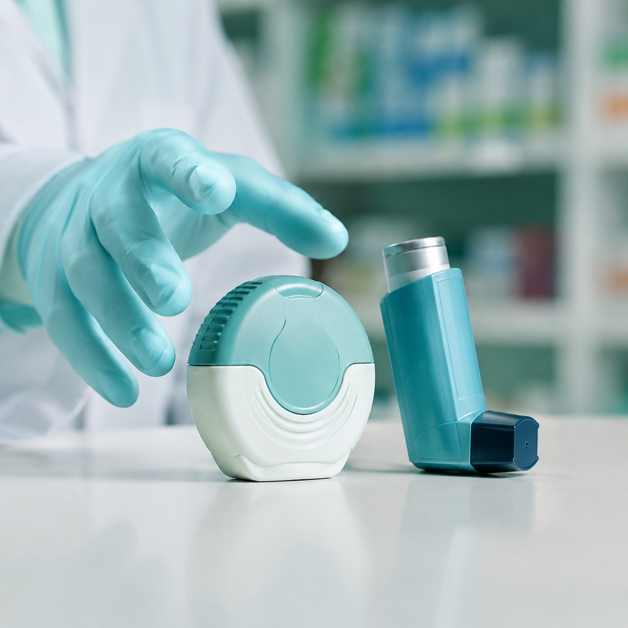 A dry-powder inhaler beside a metered-dose inhaler on a pharmacy counter