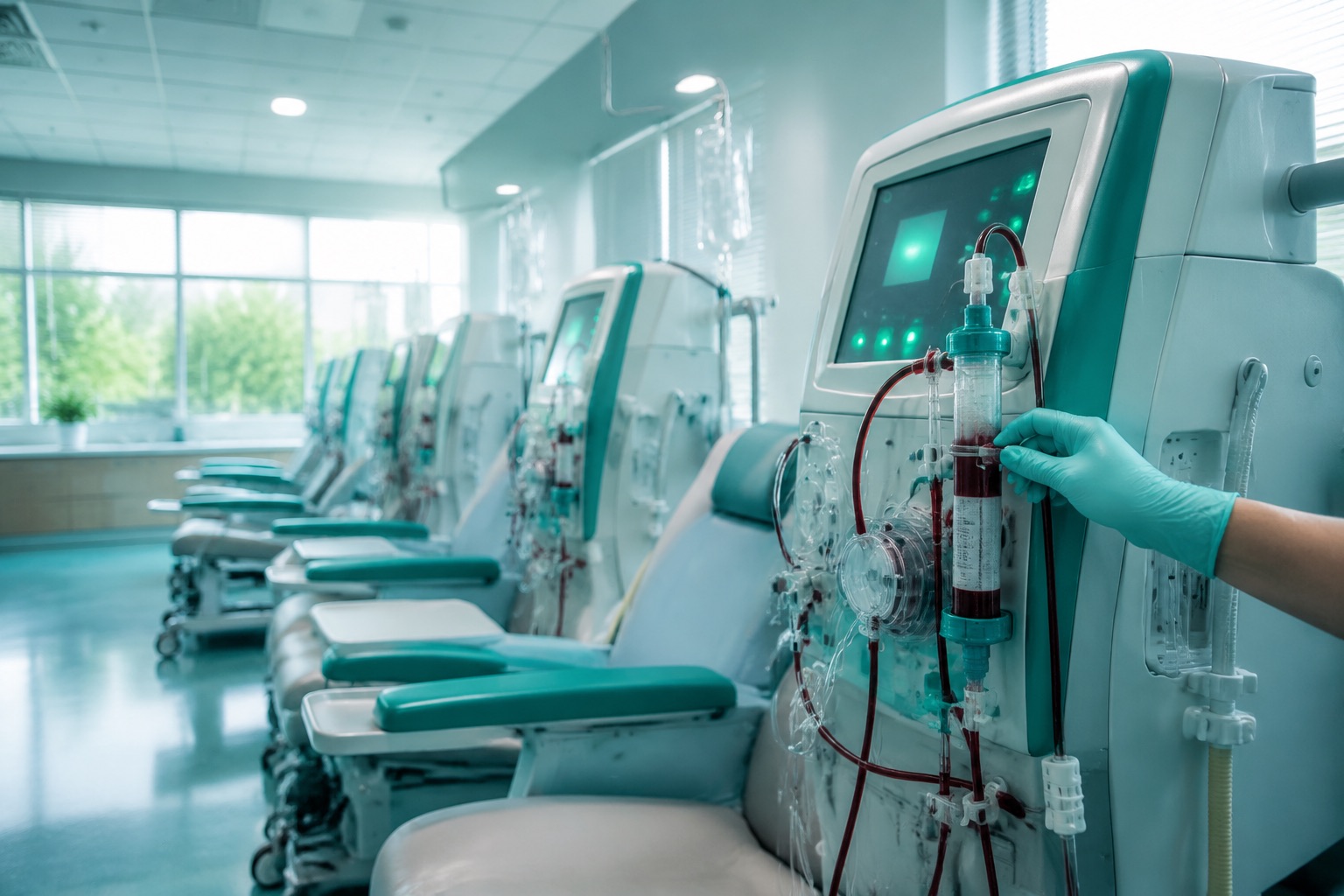 A nurse adjusting a dialysate line in a daylight dialysis unit
