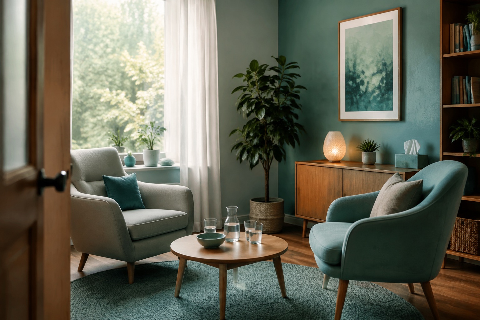 A calm community mental-health room with two armchairs in daylight
