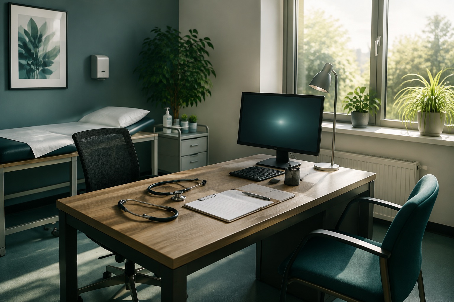 A GP consultation room in daylight: desk, stethoscope, prescription pad