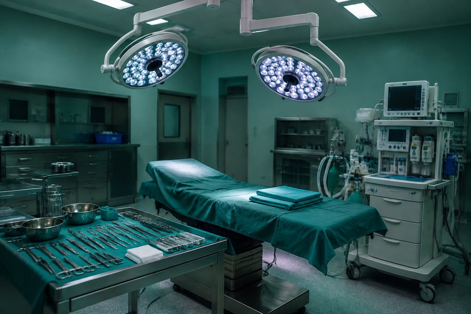 Operating theatre between cases: lamps, anaesthesia machine, draped table