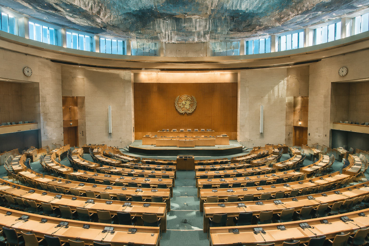 A wide assembly hall with tiered delegates' seating and country nameplates