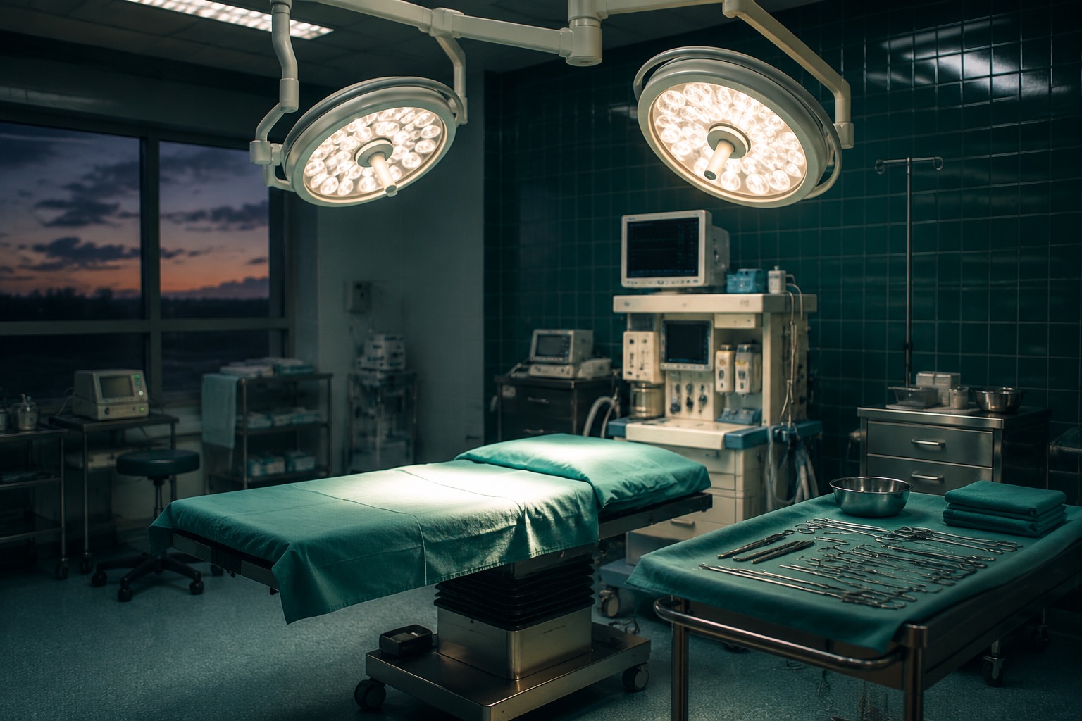 An operating theatre between cases: surgical lamps in standby glow, anaesthesia machine beside a draped table