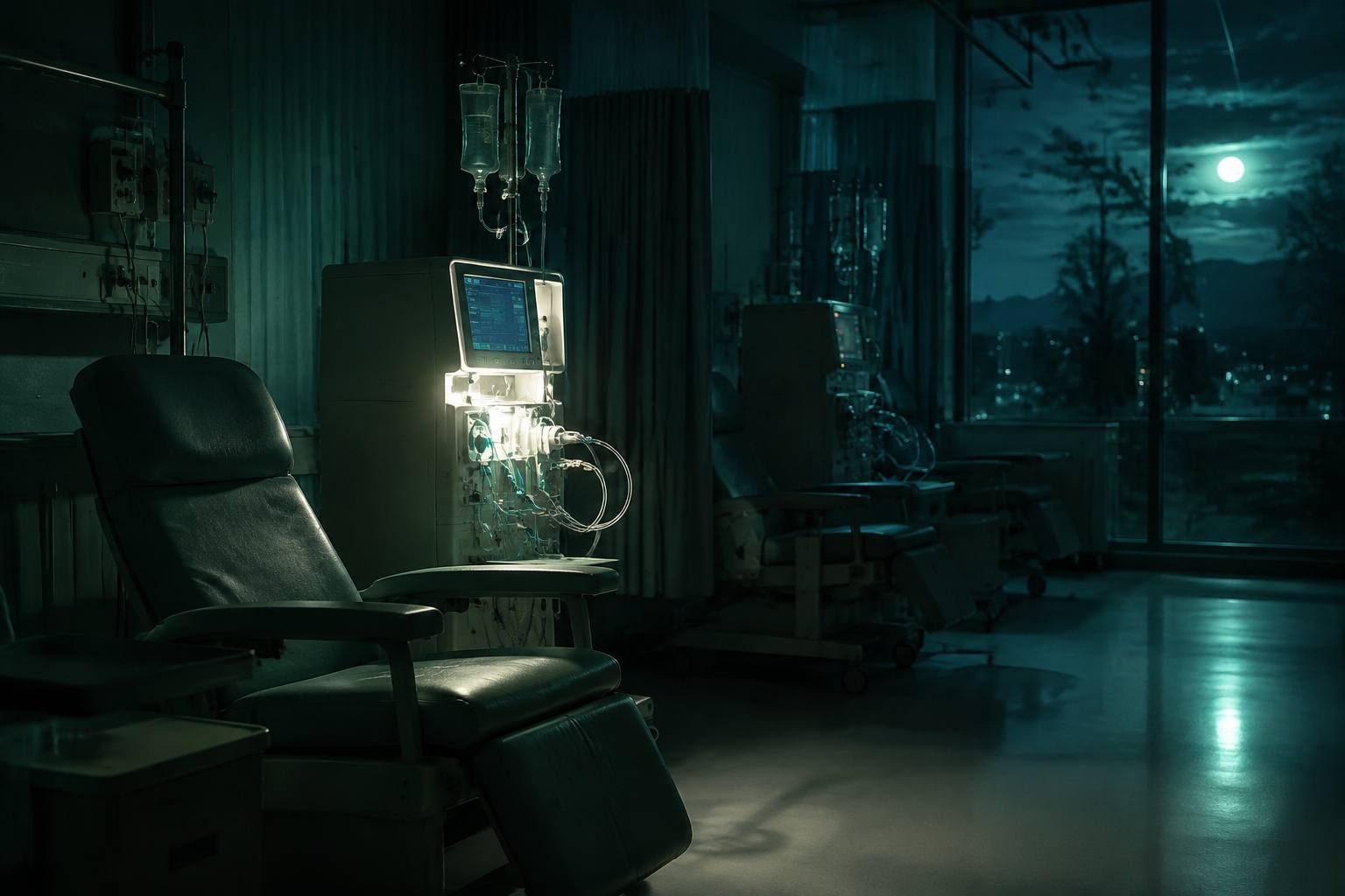 An empty hospital dialysis unit at night, one machine glowing softly in a dark ward