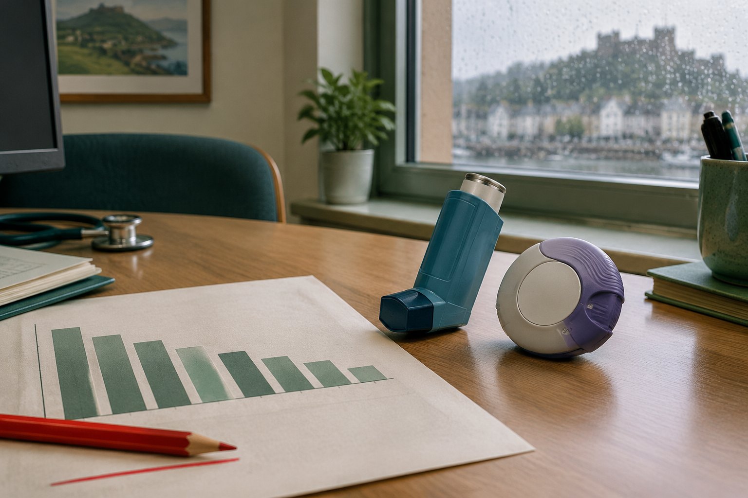 A prescribing desk with a falling bar chart, a blue metered-dose inhaler beside a dry-powder inhaler, rain light through a window