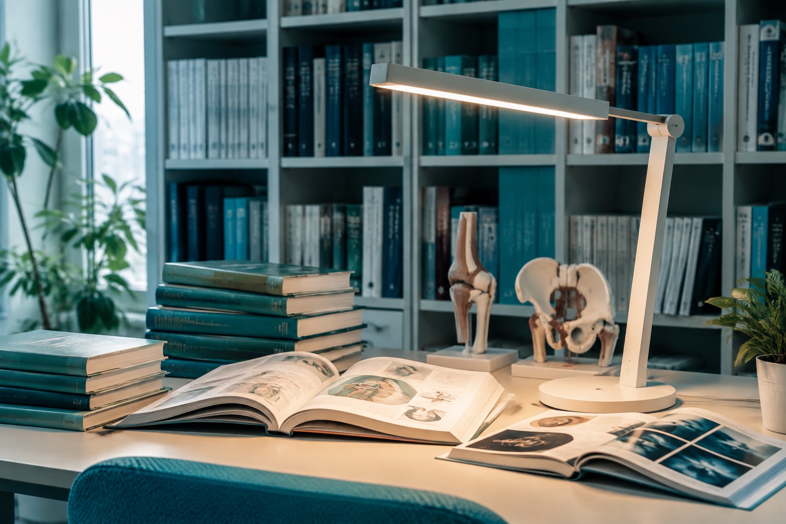 A clinical education library corner: reading lamp over an open medical journal